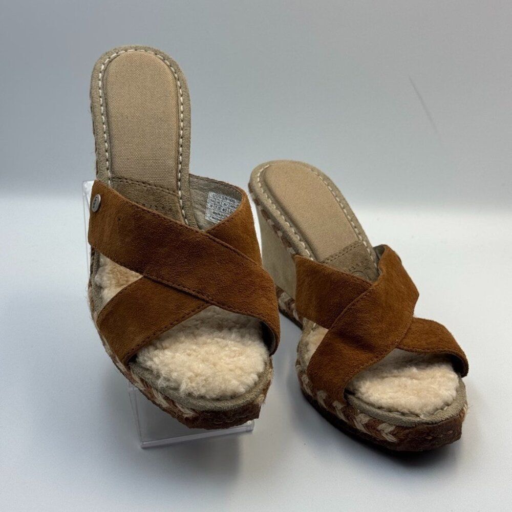 UGG Tan Suede Crisscross Wedge Sandals with Shearling Footbed